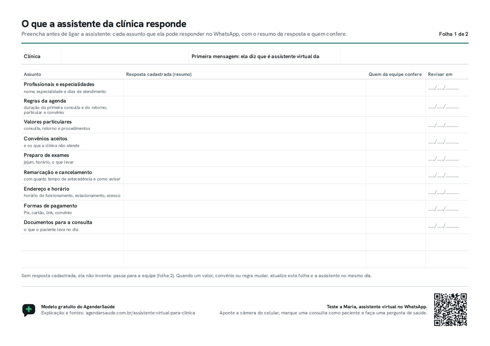 Primeira folha do PDF: o que a assistente da clínica responde, com os assuntos nas linhas, como profissionais, regras da agenda, valores, convênios e preparo de exames, e nas colunas a resposta cadastrada, quem da equipe confere e a data de revisão