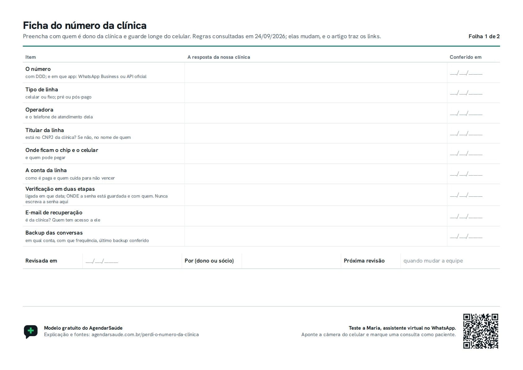 Primeira folha do PDF: ficha do número da clínica, com o número, o tipo de linha, a operadora, o titular, a verificação em duas etapas, o e-mail de recuperação e o backup nas linhas, e colunas para a resposta da clínica e a data em que foi conferido