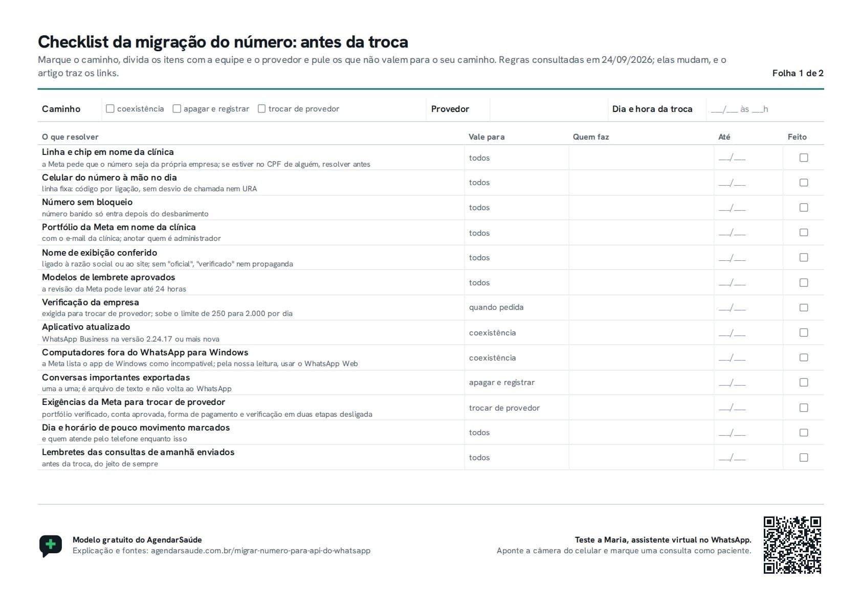 Primeira folha do PDF: checklist da migração do número antes da troca, com a escolha do caminho, o provedor e o dia no topo, e itens como linha em nome da clínica, portfólio da Meta, nome de exibição e modelos de lembrete, com colunas para quem faz, até quando e feito