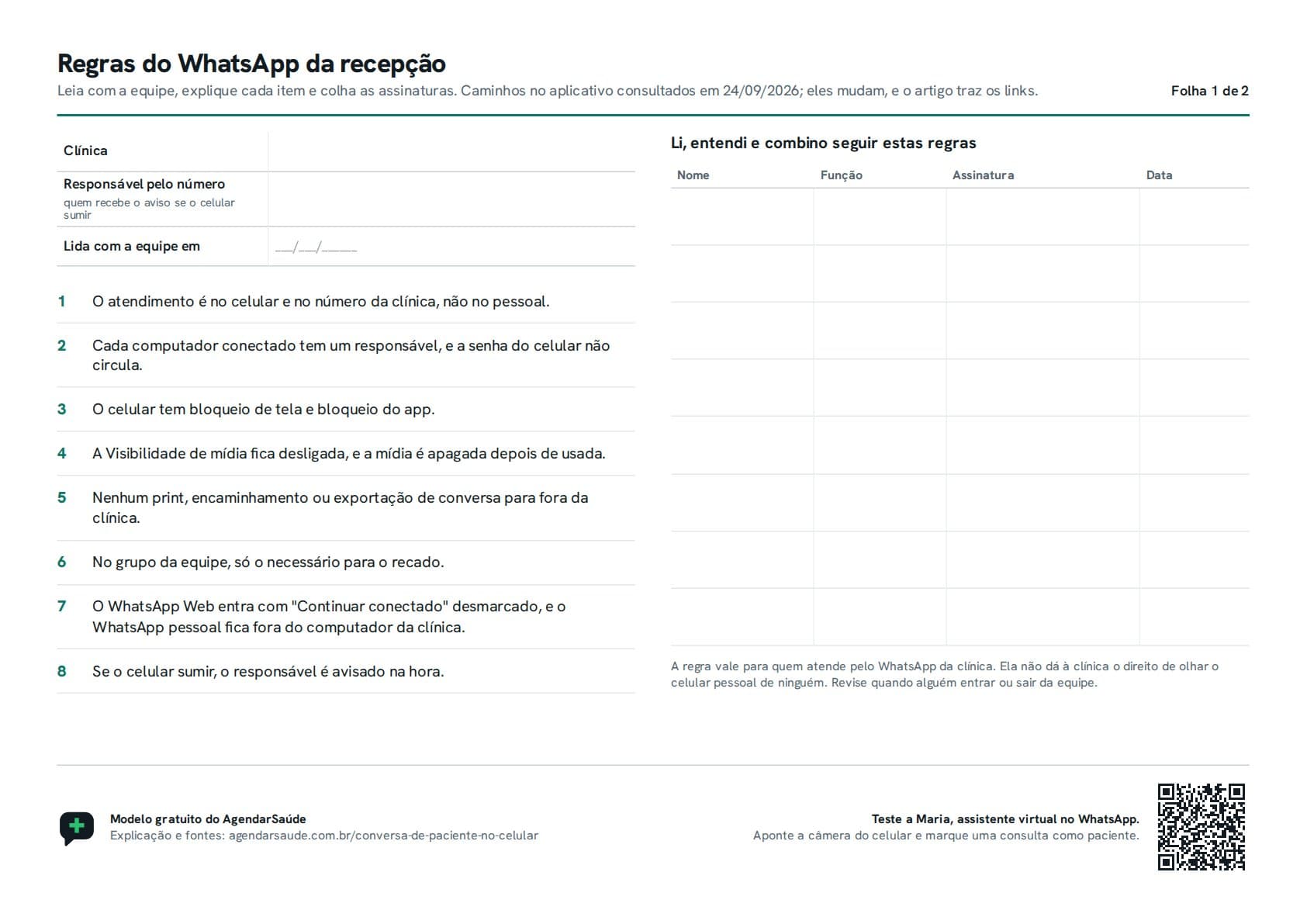 Primeira folha do PDF: regras do WhatsApp da recepção, com a clínica, o responsável pelo número e as oito regras numeradas à esquerda, e à direita a tabela de nome, função, assinatura e data de quem atende