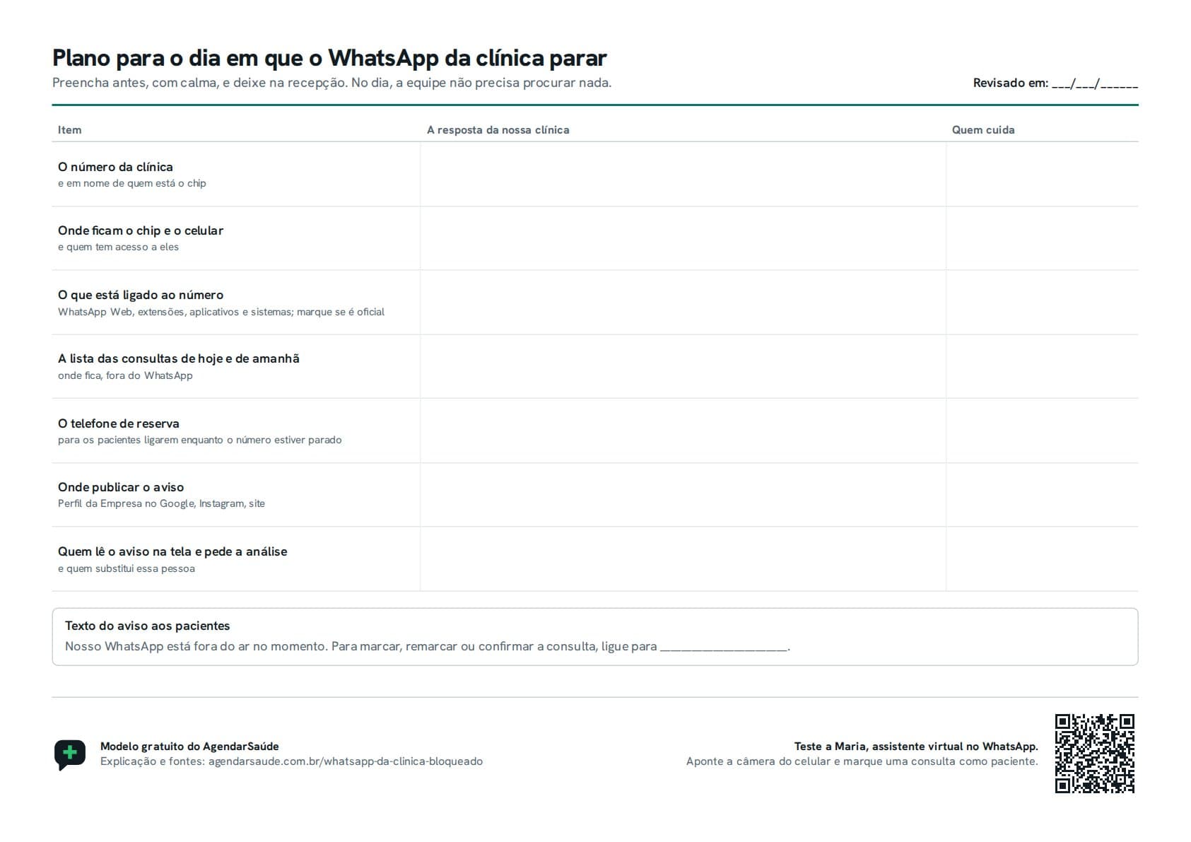 Primeira folha do PDF: plano para o dia em que o WhatsApp da clínica parar, com o chip, os canais de reserva, a lista do dia e quem pede a análise nas linhas e colunas para a resposta da clínica e quem cuida