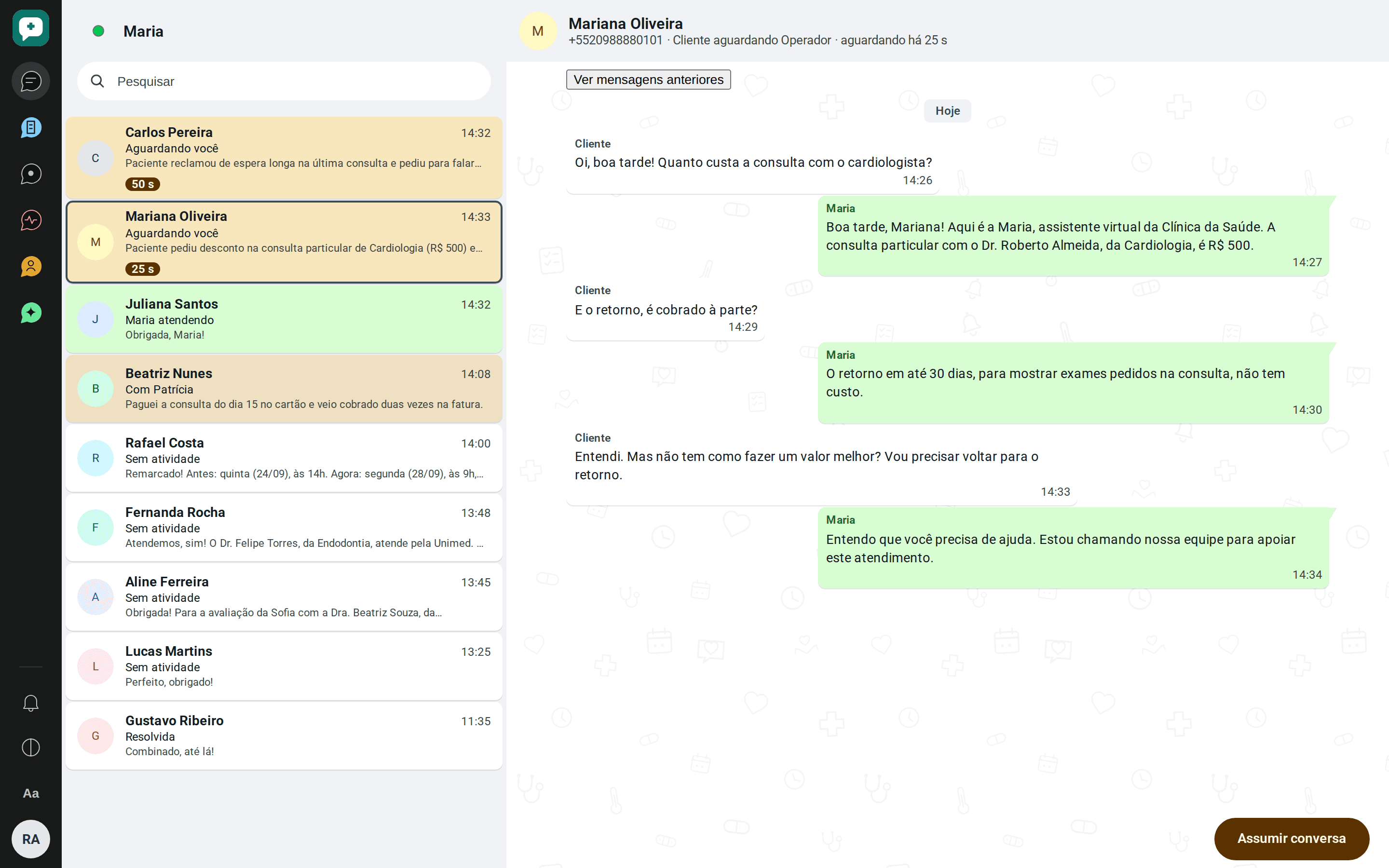Pedido de desconto no Painel: a Maria informa o valor, avisa que está chamando a equipe e a conversa aparece em amarelo, com o botão Assumir conversa.