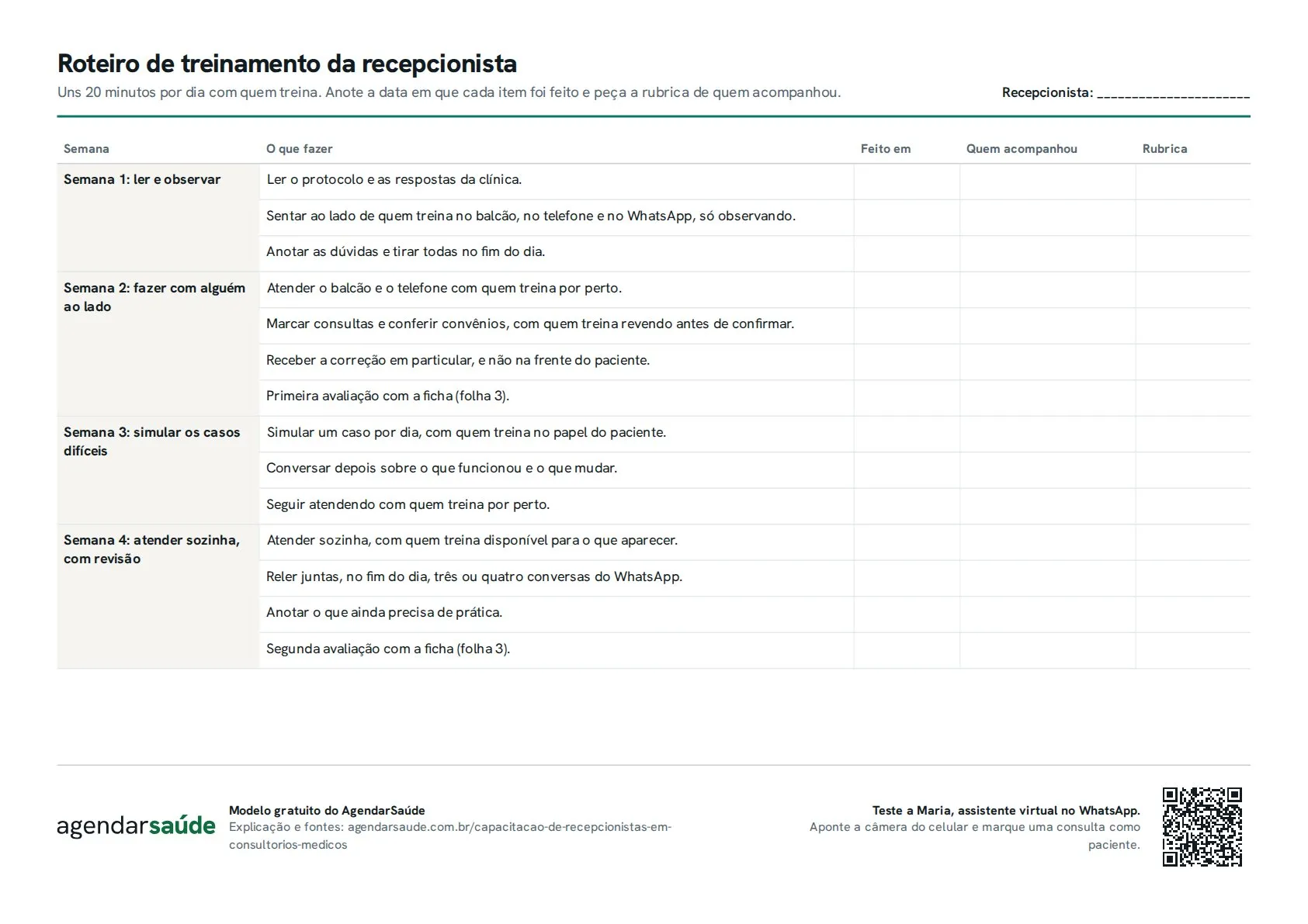 Primeira folha do PDF: roteiro de treinamento da recepcionista, com as quatro semanas nas linhas e colunas para a data, quem acompanhou e a rubrica