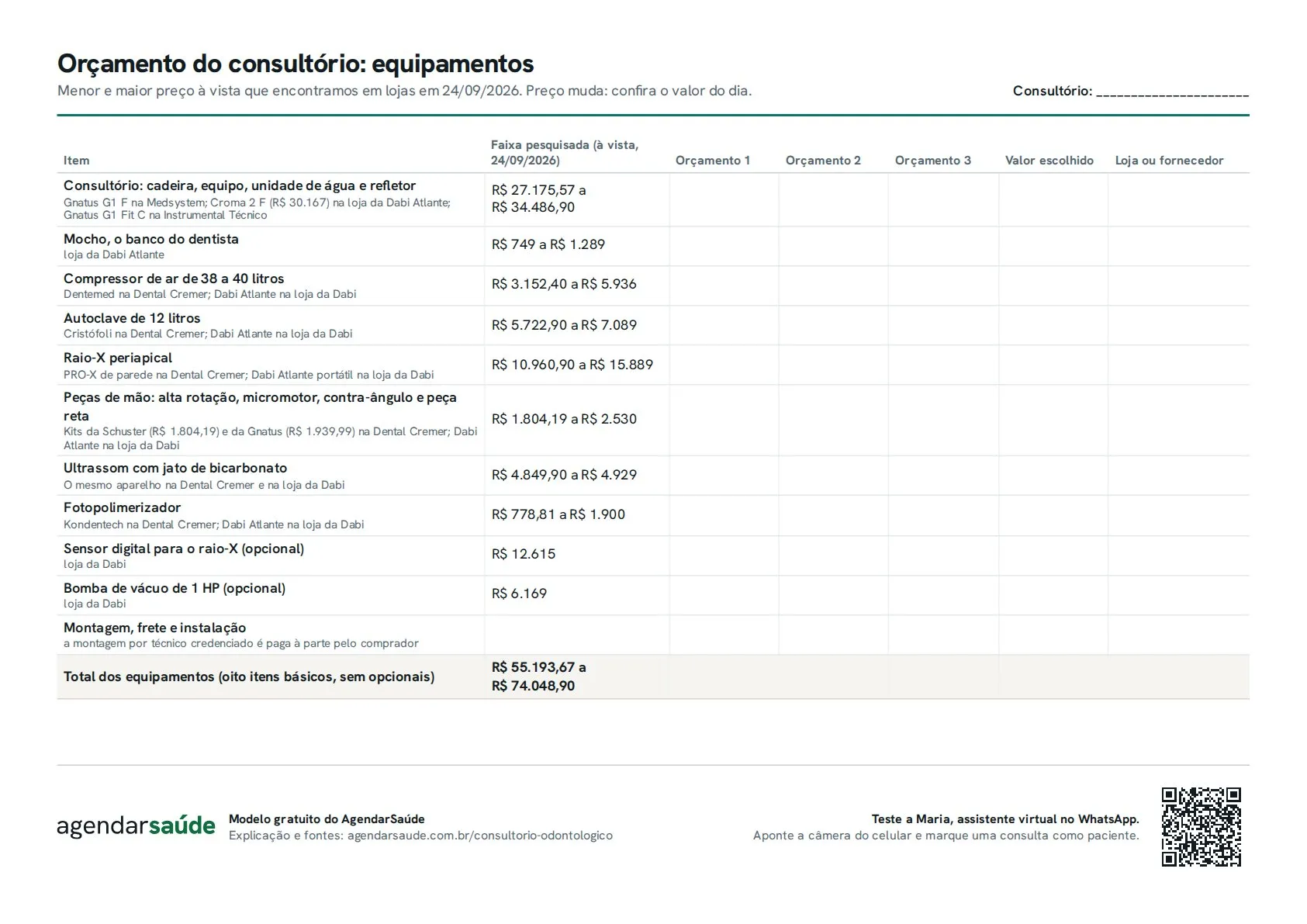 Primeira folha do PDF: orçamento dos equipamentos do consultório, com a faixa de preço pesquisada e colunas para três orçamentos e o valor escolhido