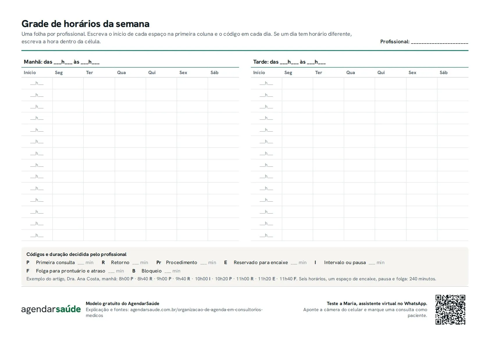 Primeira folha do PDF: grade de horários da semana, com manhã e tarde lado a lado, os dias de segunda a sábado nas colunas e a legenda dos códigos de cada tipo de consulta