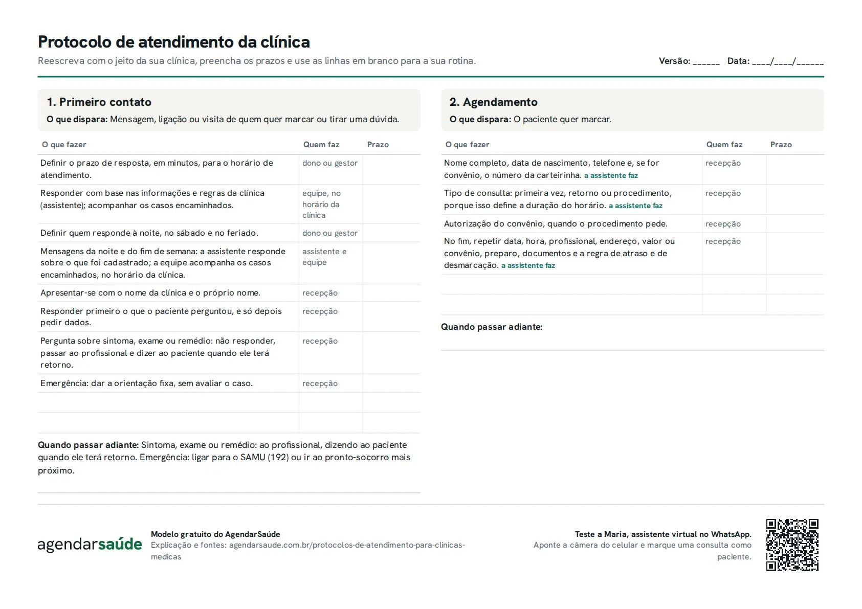 Primeira folha do PDF: protocolo do primeiro contato e do agendamento, com o que fazer, quem faz e o prazo de cada item