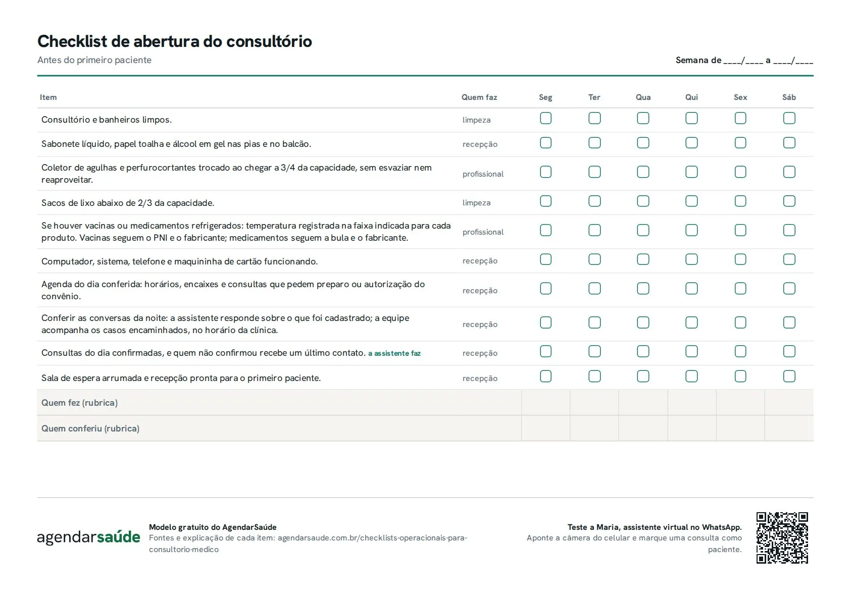 Primeira folha do PDF: checklist de abertura do consultório, com os dias da semana em colunas